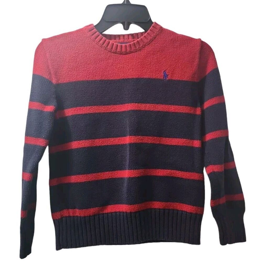 Polo Men Kids Size M (10-12) Vintage Sweater Striped Crewneck Red‎ Navy